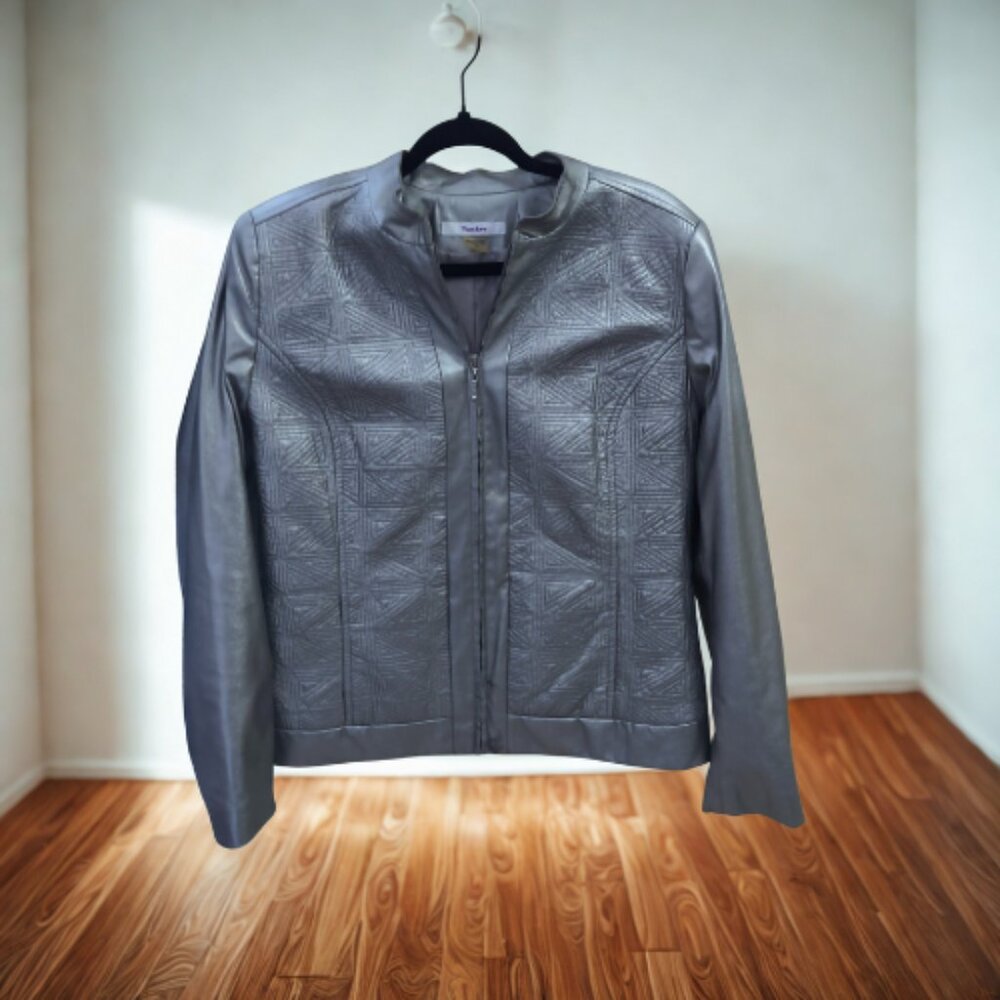 Jaytay Silver Metallic Faux Leather Jacket Women’s Size 12 | Moto Style Statemen